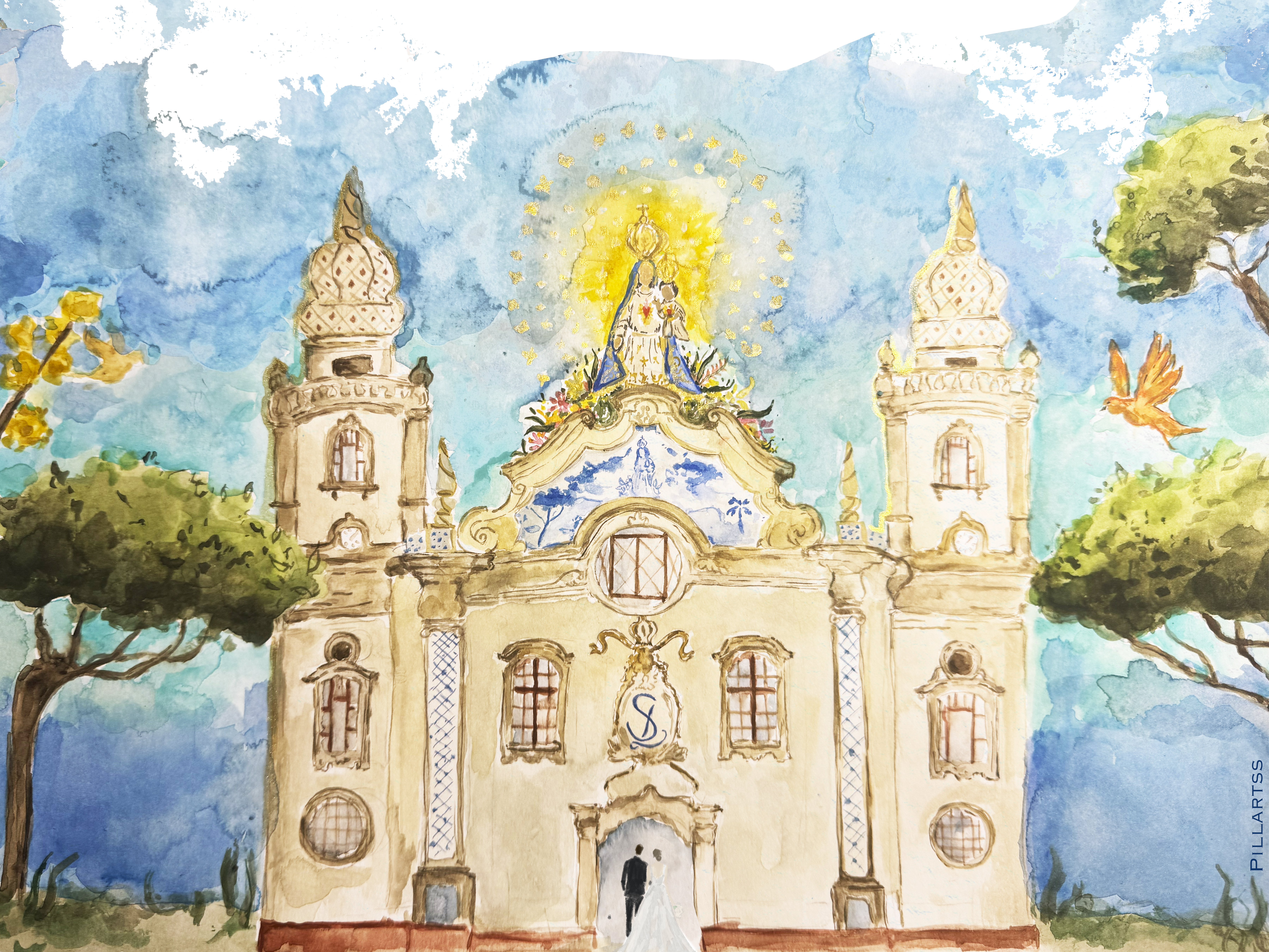 Igreja em aquarela — cerimonia de Stephanie e Luís Henrique